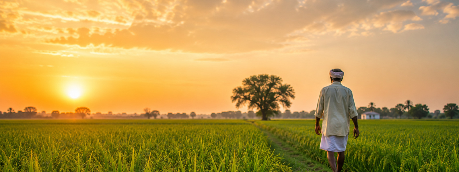 A farmer walking a path through green crops at golden hour